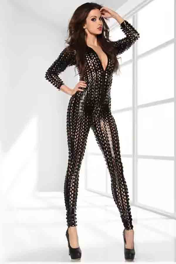 Hollow Out Faux Leather Police Catsuit with Hat