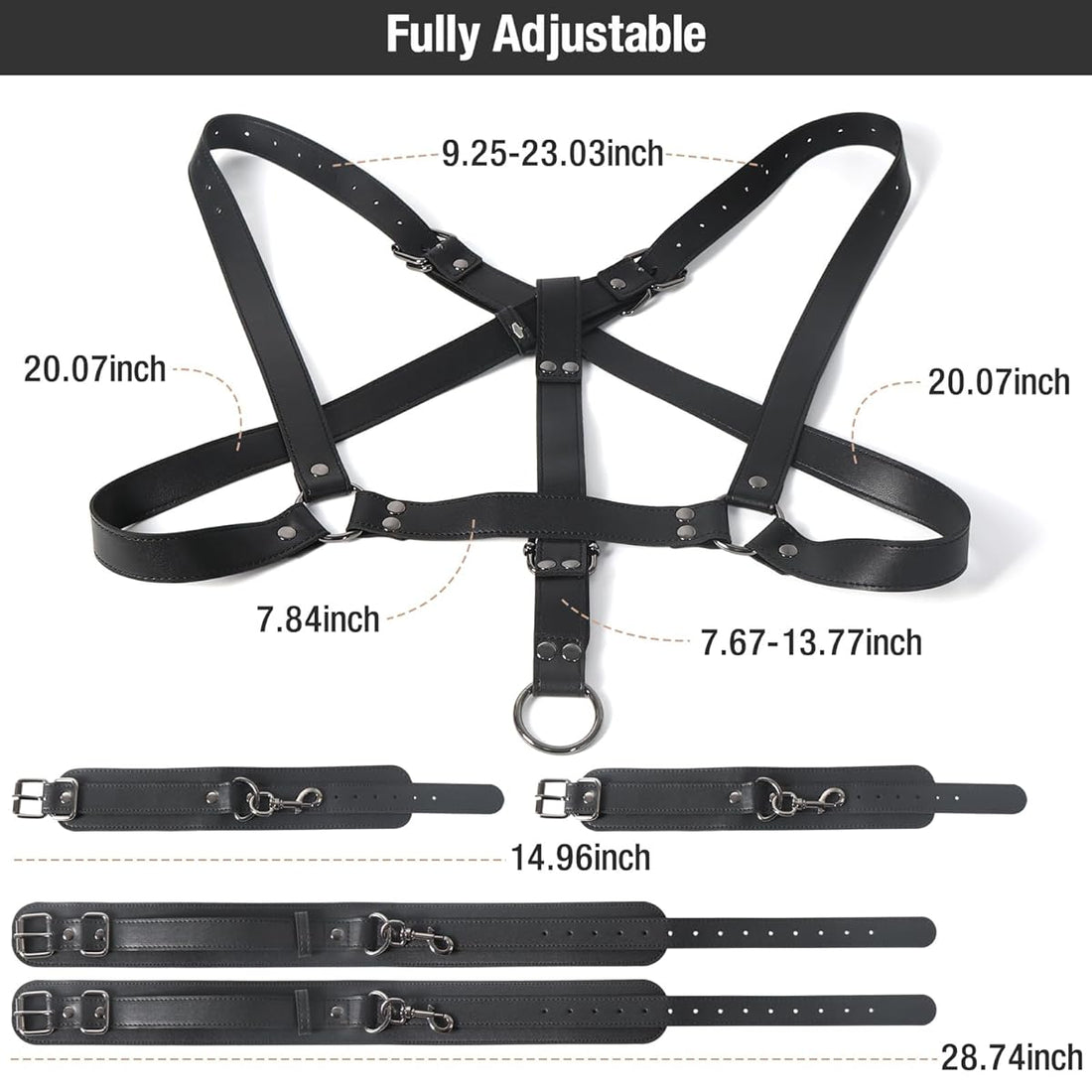 BDSM Harness with Handcuffs Ankle Cuff Front Back Bondage
